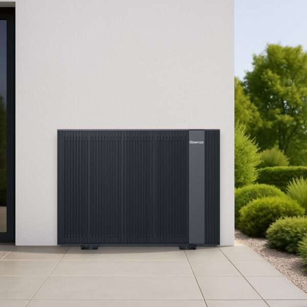 Eine elegante, moderne Wärmepumpe steht vor einer hellen Wand. Die Wärmepumpe hat ein geripptes Design in Dunkelgrau und ein kleines Logo an der Seite. Im Hintergrund befindet sich ein gepflegter Garten mit üppigen grünen Sträuchern und Bäumen, und der Boden ist mit großen, hellen Fliesen gepflastert. Die Szene vermittelt den Eindruck eines zeitgemäßen Außenbereichs.