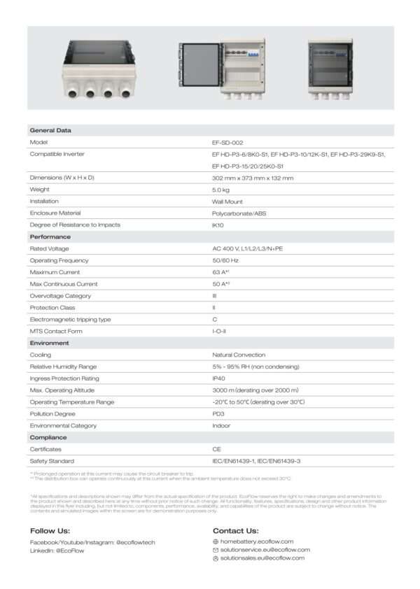 Ein Datenblatt mit den technischen Daten des Modells EF-SD-002, einschließlich kompatibler Wechselrichtermodelle, Abmessungen (302 x 373 x 132 mm), Gewicht (5 kg), Wandmontage und Gehäusematerial (Polycarbonat/ABS). Es enthält Leistungsdaten wie Nennspannung (AC 400 V), maximaler Strom (63 A), Betriebsfrequenz (50/60 Hz) und Umgebungsbedingungen. Außerdem sind Angaben zur Konformität enthalten, darunter Zertifizierungen (CE) und Sicherheitsstandards. Das Layout besteht aus übersichtlichen Abschnitten mit prägnanten Texten, ergänzt durch Kontakt- und Social-Media-Informationen am Ende der Seite.
