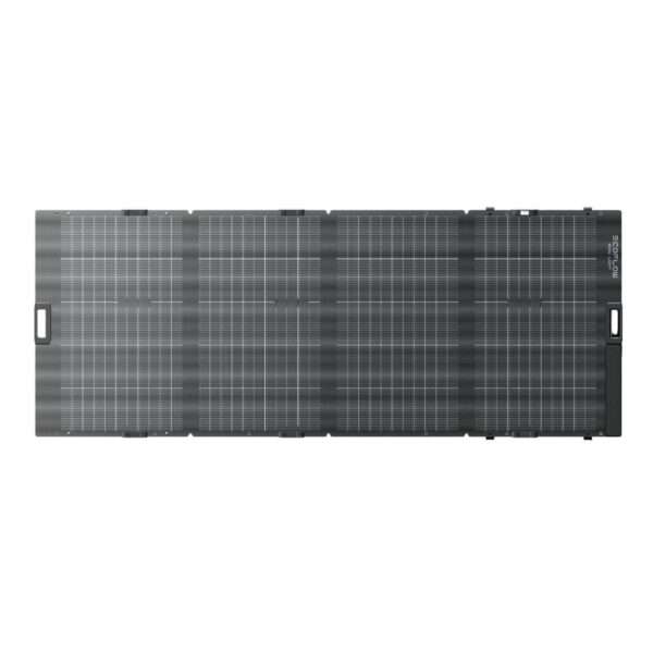 Ein tragbares Solarpanel mit einem schlanken, schwarzen Design und vier miteinander verbundenen Abschnitten. Jeder Abschnitt verfügt über ein Gitter aus Solarzellen, und das Panel ist mit Griffen für einen einfachen Transport ausgestattet. Es ist für die Energieerzeugung im Freien konzipiert und eignet sich ideal für Camping oder den netzunabhängigen Einsatz.