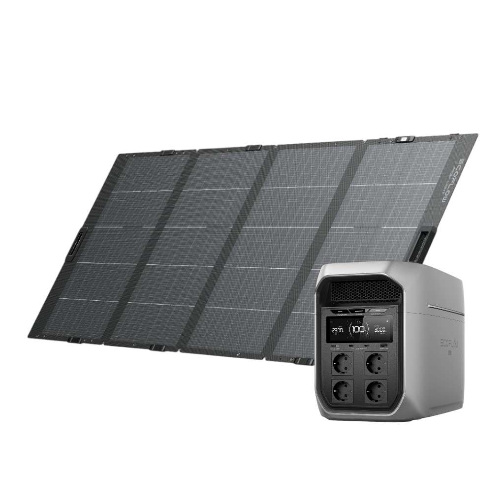 Ein modernes tragbares Solarstromgeneratorsystem mit einer großen, faltbaren Solarzellenanordnung mit mehreren dunkelblauen oder schwarzen Photovoltaikzellen, die in einem Raster angeordnet sind und mit einer kompakten, schlanken, grauen oder silbernen Stromstation mit einem digitalen Display verbunden sind, das Spannung, Stromstärke und Leistungsabgabe anzeigt. Die Stromstation verfügt über vier Steckdosen mit Schutzabdeckungen und einen belüfteten oberen Bereich zur Kühlung. Die Szene spielt vor einem sauberen, weißen Hintergrund mit sanfter, gleichmäßiger Beleuchtung, die die reflektierenden Oberflächen des Solarpanels und die matte Oberfläche der Stromstation hervorhebt. Die Komposition betont das technologische Design und die Tragbarkeit des Solarenergiesystems, wobei der Schwerpunkt auf der detaillierten Textur der Solarzellen und der modernen Ästhetik des Geräts liegt, das in einem minimalistischen, hochtechnologischen visuellen Stil gestaltet ist. Das Bild vermittelt ein Gefühl von Innovation, Effizienz und Nachhaltigkeit, wobei der Schwerpunkt eindeutig auf der Technologie der erneuerbaren Energien liegt.