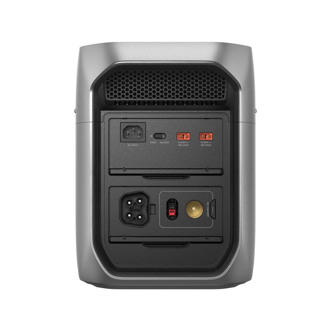 Eine kompakte, silberne Powerstation mit abgerundetem Design und mehreren Ein- und Ausgängen. Auf der Rückseite befinden sich eine Ladebuchse, eine 12V Buchse und eine Anderson Buchse und Solareingänge, sowie der Extrabatterieanschluss. Die Oberseite verfügt über einen belüfteten Bereich zur Wärmeableitung. Das Gesamtdesign ist modern und funktional und eignet sich für tragbare Energielösungen.