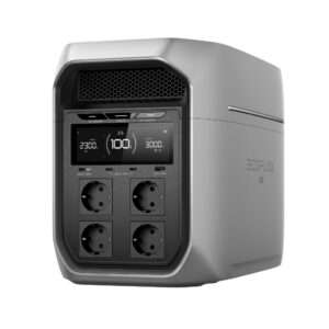 Eine kompakte, tragbare Powerstation in elegantem silbernen Design mit einem digitalen Display, das den Batteriestand (100 %) und die Ausgangsleistung anzeigt. Auf der Vorderseite befinden sich vier Wechselstromsteckdosen und vier USB-Anschlüsse (ein USB-A und drei USB-C), für vielseitige Lademöglichkeiten. Die Oberseite verfügt über einen belüfteten Bereich zur Wärmeableitung. Das Gerät ist mit dem Markennamen EcoFlow gekennzeichnet.