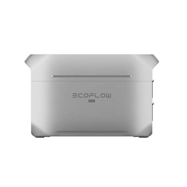 Eine elegante, rechteckige tragbare Powerstation mit einem silbernen Gehäuse und einer kontrastierenden silbernen Oberseite. Auf der Seite sind der Markenname ECOFLOW und die Modellbezeichnung MAX in einer modernen Schriftart aufgedruckt, was das kompakte und zeitgemäße Design unterstreicht. Die Kanten sind leicht abgerundet und sorgen für eine harmonische Ästhetik.