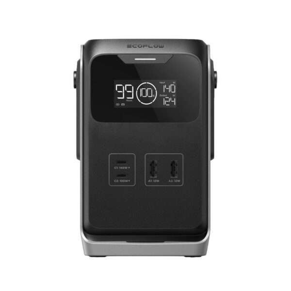 Ein kompaktes, schwarzes, tragbares Kraftwerk mit einem digitalen Display, das eine Batterieladung von 99 % und eine Leistung von 124 W anzeigt. Es gibt zwei USB-Anschlüsse mit den Bezeichnungen C1 und C2 mit einer Leistung von 140 W bzw. 100 W sowie zwei weitere Anschlüsse mit den Bezeichnungen A1 und A2 mit einer Leistung von jeweils 12 W. Das schlanke Design mit seinen abgerundeten Kanten und dem silbernen Sockel eignet sich für den Einsatz im Freien oder als Notstromversorgung.