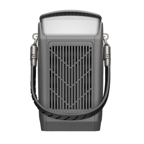 Eine moderne tragbare Powerstation mit einem eleganten grauen Design, einem oberen Lichtbereich und Lüftungsschlitze auf der Rückseite zur Kühlung. Sie verfügt über einen stabilen Griff für den einfachen Transport und eine kompakte, kastenartige Form, die sich für den Innen- und Außenbereich eignet.