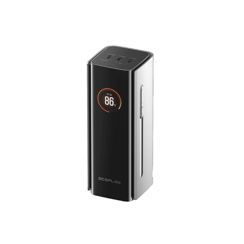 A modern, sleek portable air purifier with a rectangular, vertical design featuring a black front panel displaying a circular digital screen showing "86%" in the center, surrounded by an orange ring. The device has a silver body with a side vertical slit and control buttons on the top surface. The top also includes input/output ports, and the brand "ECOFLOW" is printed at the bottom of the front panel. The background is plain white.