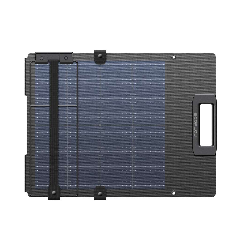 Ein tragbares Solarpanel in elegantem Schwarz mit einem Raster aus blauen Solarzellen und einem stabilen Griff für den einfachen Transport. Die Clips zur sicheren Befestigung sind sichtbar, und das Logo des Herstellers ist gut sichtbar auf der Vorderseite angebracht. Das Panel ist auf effiziente Energiegewinnung und Mobilität ausgelegt.
