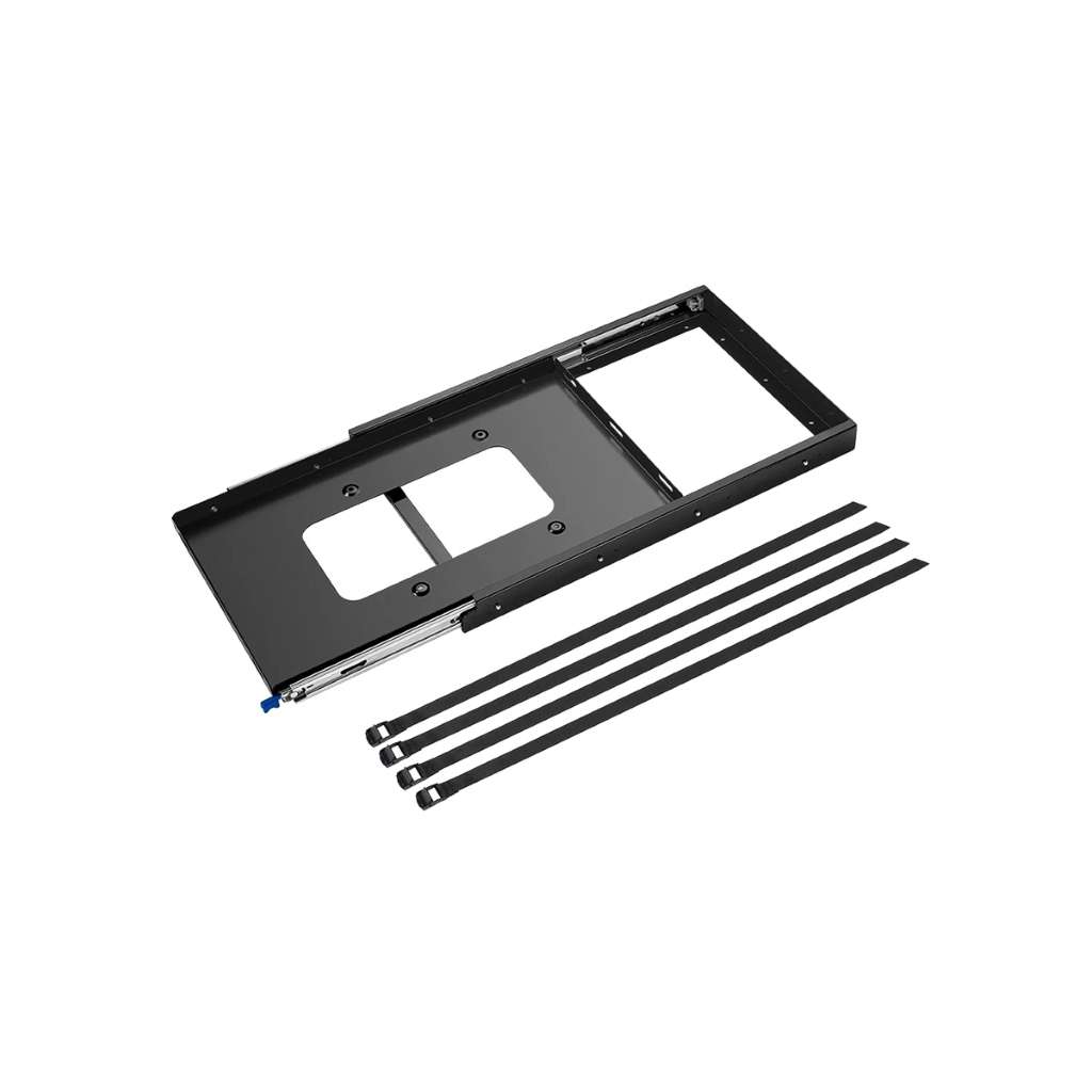Ein schwarzer Metallrahmen mit Gleitschienen und zwei rechteckigen Ausschnitten, der für die Installation von Hardware konzipiert ist. Zum Rahmen gehören vier schwarze Kabelbinder, die neben ihm positioniert sind. Das Gesamtdesign lässt auf einen Auszug für die EcoFlow Glacier (Kühlbox) schließen, wenn diese in einem Fahrzeug verbaut werden sollen.