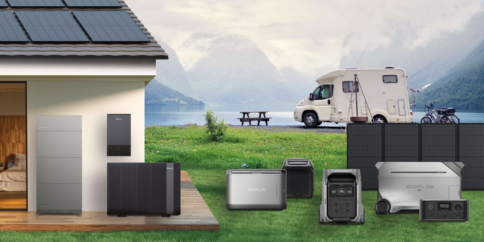 Landschaftsbild vor Bergsee, rechts ein Wohnmobild davor Ecoflow Powerstationen und Solarmodule und auf der linken Seite ein Wohnhaus mit Newntide Wärmepumpe und Ecoflow Powerocean. EcoFlow Glacier und Wave stehen mittig in der Wiese.