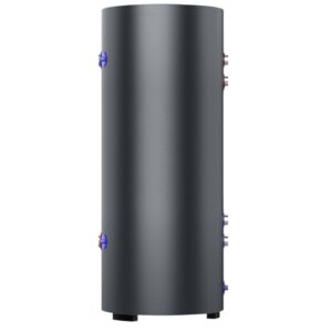 Fotorealistische Studioaufnahme eines hohen zylindrischen Warmwasserspeichers in mattem Dunkelgrau, frontal zentriert auf weißem nahtlosem Hintergrund. Gleichmäßige, weiche Beleuchtung von vorne und leicht oben für dezente Schatten entlang der Rundung, subtile Seitenakzente zur Betonung des Volumens. Mehrere kleine farbige Anschlussanschlüsse in Blau und Rot seitlich angeordnet, schwarze Kunststofffüße am Boden. Glatte Metalloberfläche mit feiner Textur, minimale, realistische Reflexionen, hohe Detailtreue, neutrale Farbwiedergabe. Komposition exakt mittig, vertikales Format, Kamerahöhe Augenhöhe, geringe perspektivische Verzerrung, durchgehende Schärfe, hochwertige Produktfotografie-Stimmung.